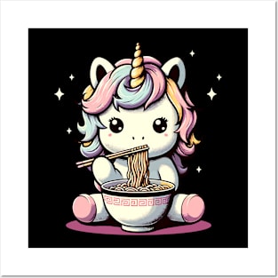 Little unicorn eating ramen noodles Posters and Art